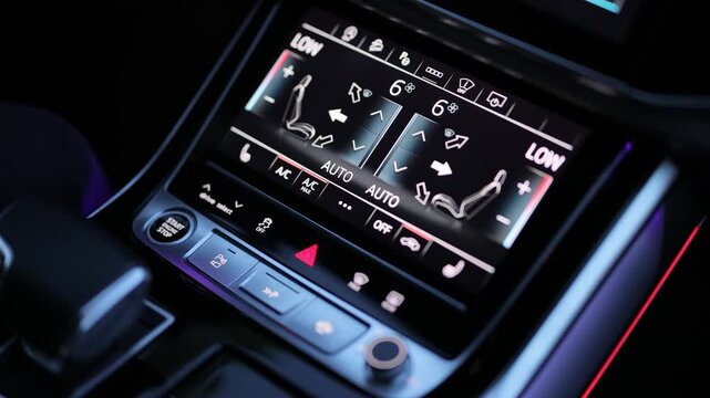 Pressing Stand By Car air conditioning button inside a car. Modern car climate control panel for driver and passenger. Pushing start Button to AC MAX climate control. Starting air conditioner
