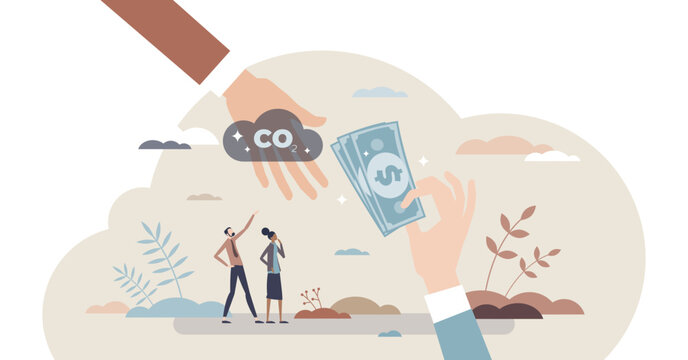 Carbon pricing external costs of greenhouse gas emissions tiny person concept, transparent background.GHG payment as environmental fee to reduce CO2 illustration.