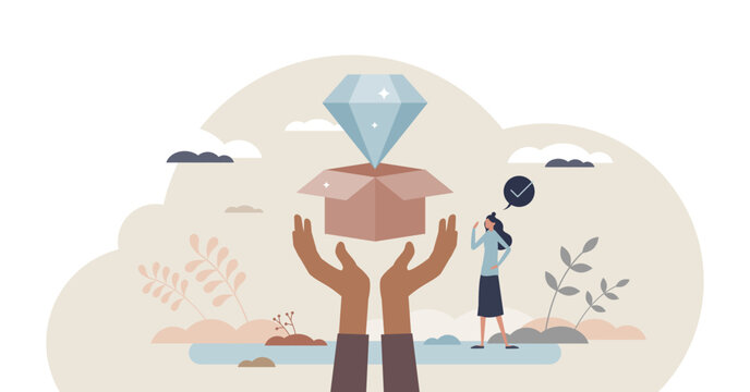 Value creation with product positioning and marketing tiny person concept, transparent background. Idea proposition management with commercial and branding illustration.