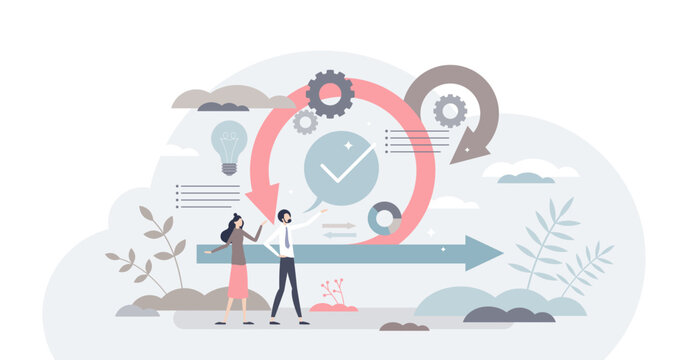 Scrum agile framework plan as software development method tiny person concept, transparent background. Effective teamwork for project sprint illustration.
