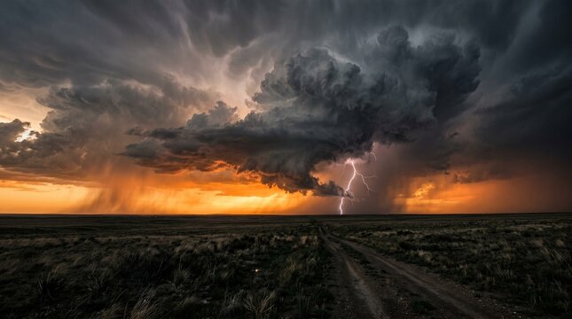 Dramatic Supercell Thunderstorm Over Rural Landscape at Sunset