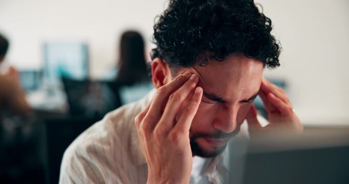 Computer, headache and stress with man programmer in office for burnout or troubleshooting. Frustration, pc and programming with web developer in workplace for 404 error, mistake or network fail