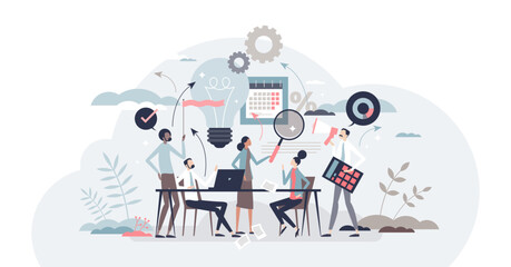 Marketing agency with advertisement and content creation tiny person concept, transparent background. Teamwork brainstorming process and client ads campaign for social media illustration. © VectorMine