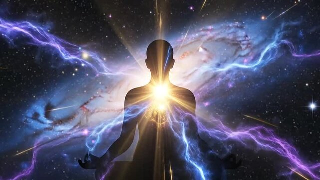 Silhouette of a person with glowing light and cosmic energy.