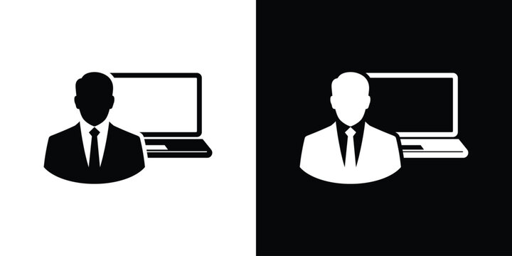 Detail corporate businessman avatar with computer illustration. Flat user icon for IT support specialist, software engineer, digital marketer, and remote corporate management.