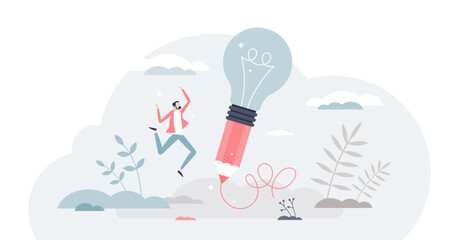 Creative idea writing as innovative lightbulb on pencil tiny person concept, transparent background. Project development with imagination thinking and creativity approach illustration. © VectorMine