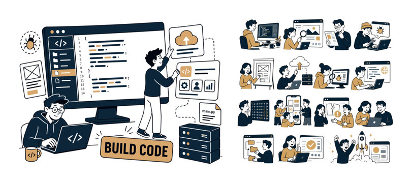 Programming Code Studio flat vector digital illustration, doodle flat, thick outline, expressive characters, simple shapes, playful proportions, exaggerated scale, minimal detail, solid fill, high