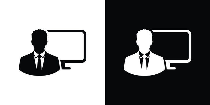 Detail corporate businessman avatar with computer illustration. Flat user icon for IT support specialist, software engineer, digital marketer, and remote corporate management.