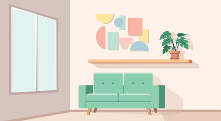 Modern living room interior with mint green sofa wooden shelf and abstract wall art in flat vector illustration style for home decor concepts © NorStock