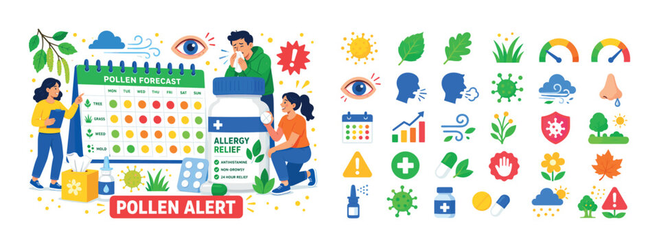 Allergy Season Forecast banner, lively flat vector banner scene about allergy season symptoms, pollen forecast, and medication indicators with 3 expressive stylized human characters interacting with