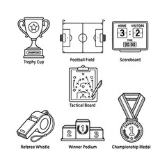 Football tournament line icon set featuring soccer equipment, match actions, awards, stadium elements, and game symbols in an outline style. © Mukhlis
