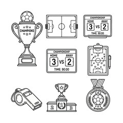 Football tournament line icon set featuring soccer equipment, match actions, awards, stadium elements, and game symbols in an outline style. © Mukhlis