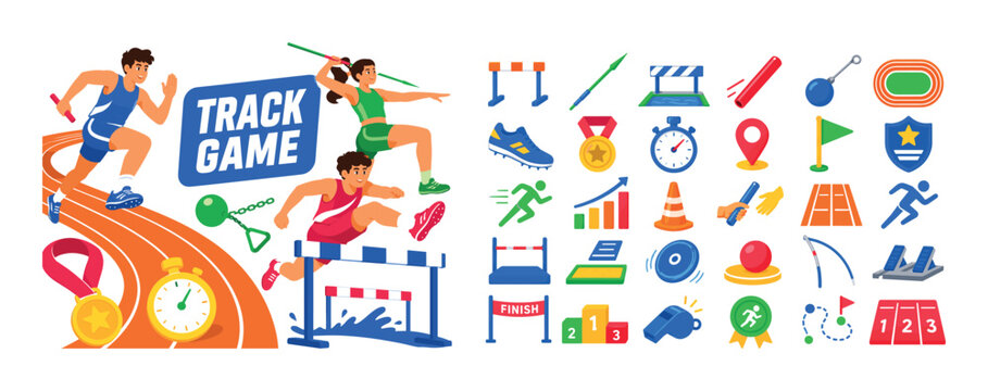 Track Field Athletics banner, lively flat vector banner scene about colorful track and field athletic events with 3 expressive stylized human characters interacting with one oversized running track