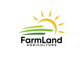 Fototapeta premium land farm with sun logo. creative agriculture design symbol concept