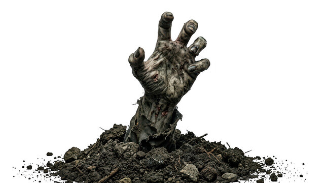 Decaying zombie hand rising from a pile of dirt, isolated on transparent background
