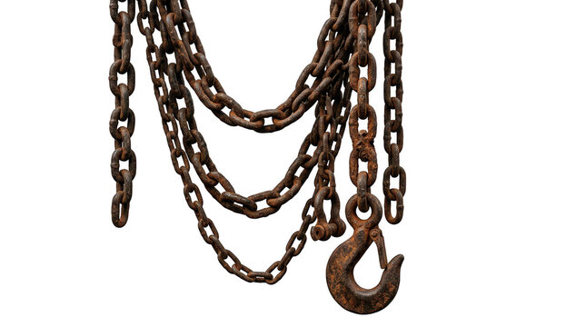 Old rusty metal chains with an industrial hook isolated on transparent background