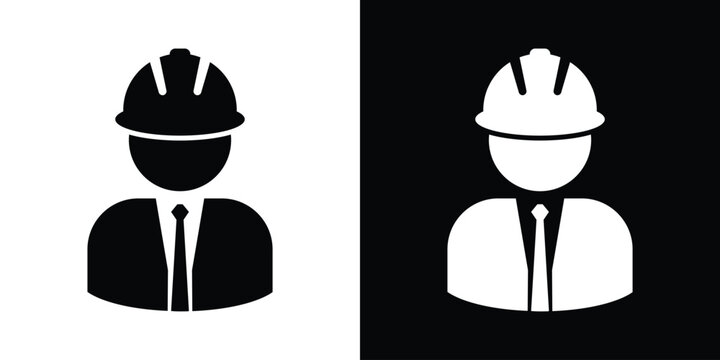 Engineer or construction manager avatar vector icon. Professional building supervisor symbol wearing hard hat and necktie, presented in flat black and white minimal graphics.
