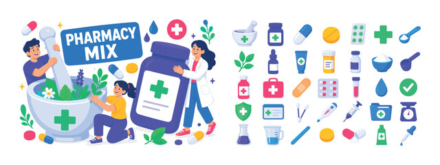 Fototapeta premium Pharmacy Mortar Mix banner with 3 expressive stylized human characters interacting with an oversized pestle and mortar and a large medicine jar, playful poses and visible faces, full canvas
