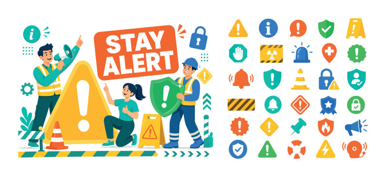 Warning Safety Alert Pack high-visibility safety banner scene, 3 expressive stylized human characters reacting around oversized warning triangle, exclamation mark sign, alert shield and caution board,