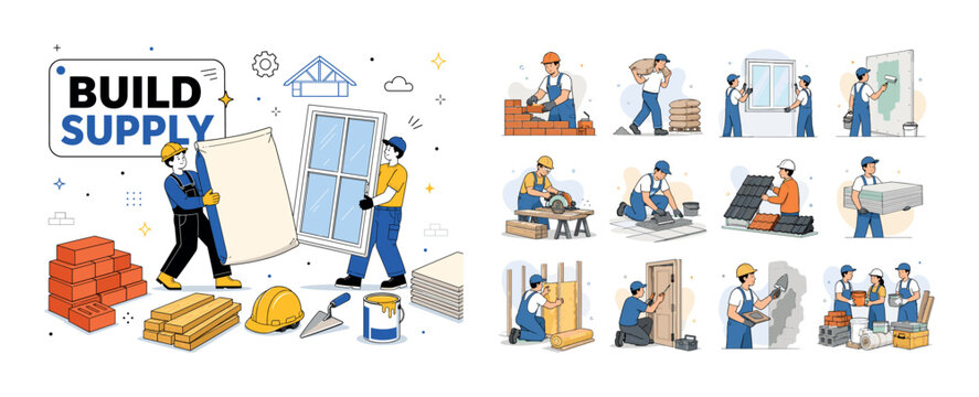 Construction Materials. Construction materials, building tools, bricks, cement bag, roof materials, door, window, timber, drywall and tile adhesive. Clean editorial banner with one building supply