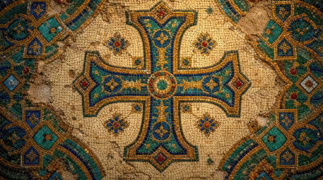 Ornate Christian Cross Mosaic with Byzantine Style Detailing.