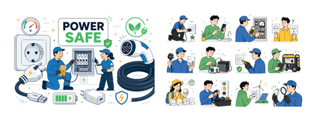 Fototapeta premium Electrical Power Connections. Electrical plugs and sockets banner with one main scene of two technicians checking safe power connection on a wall panel, oversized mains outlet and coiled charging