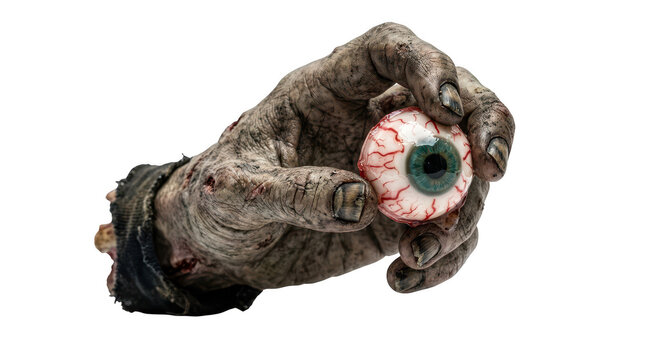 Decayed zombie hand holding a bloodshot eyeball isolated on transparent background