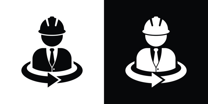 Construction management vector icon. Contractor or engineer avatar with a rotating cycle arrow. Turnaround, shift, or project lifecycle symbol.