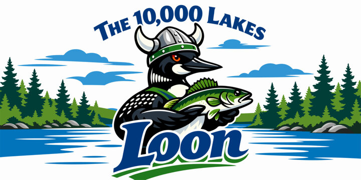 Minnesota Ten Thousand Lakes logo with cartoon loon in viking helmet proudly holding trophy fish on sparkling water, playful northern mascot design for fishing resorts and souvenir apparel