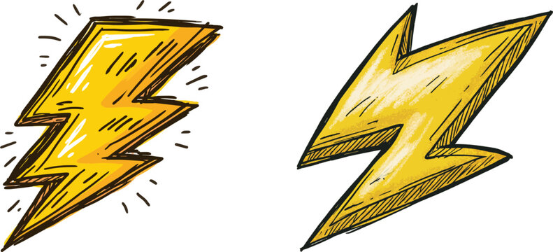A vibrant yellow lightning bolt illustration with bold black outlines and playful zig-zag patterns is isolated on a white background for vector tracing