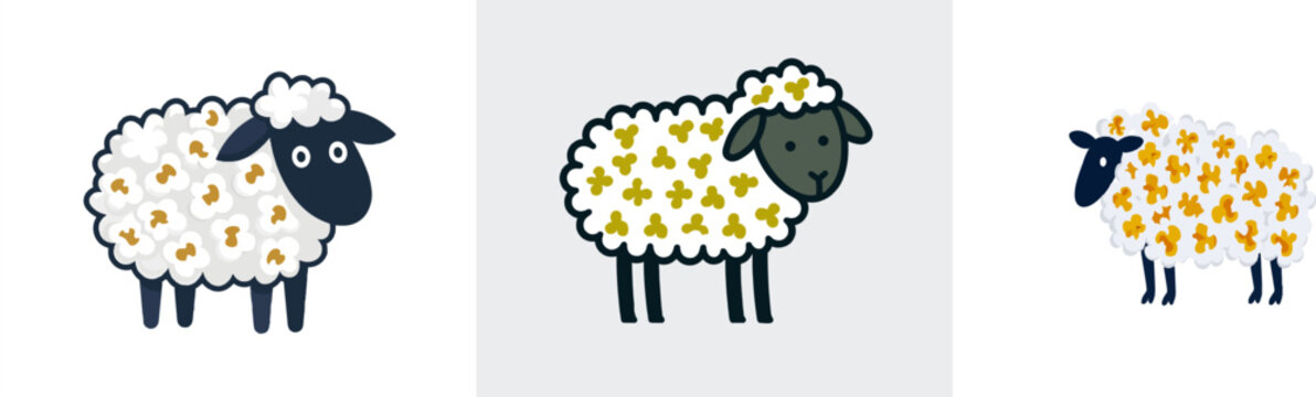 A cheerful fluffy sheep with white wool made of popcorn kernels stands on a solid plain white background in a whimsical child-drawn style