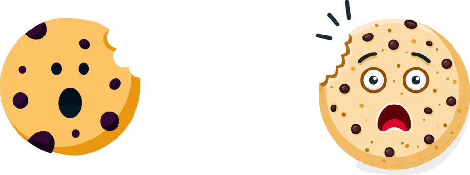 A whimsical chocolate chip cookie illustration with a shocked expression is isolated on a solid white background