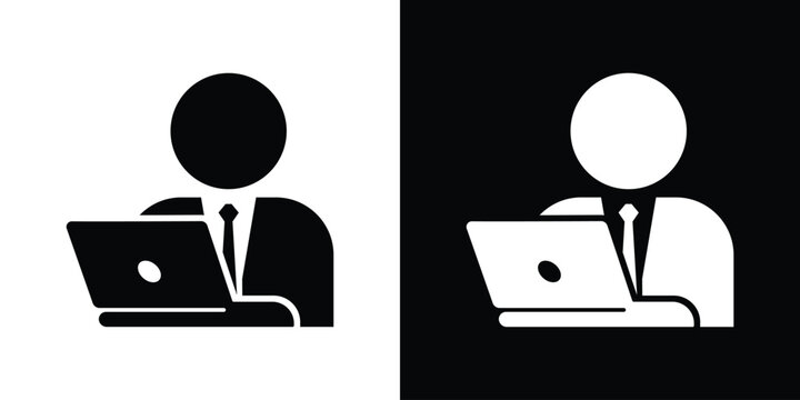Businessman working on laptop vector icon. Professional user or office employee avatar typing on computer. Minimalist black and white glyph symbol.