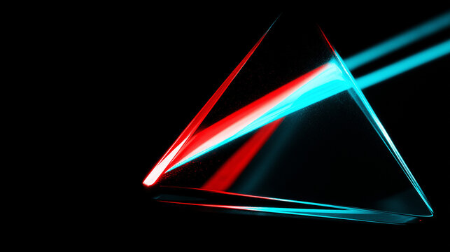 separation. Two colored light beams refracted by a clear glass prism on dark background. STEM education sheets, lab safety posters, designed for biotech research communications.