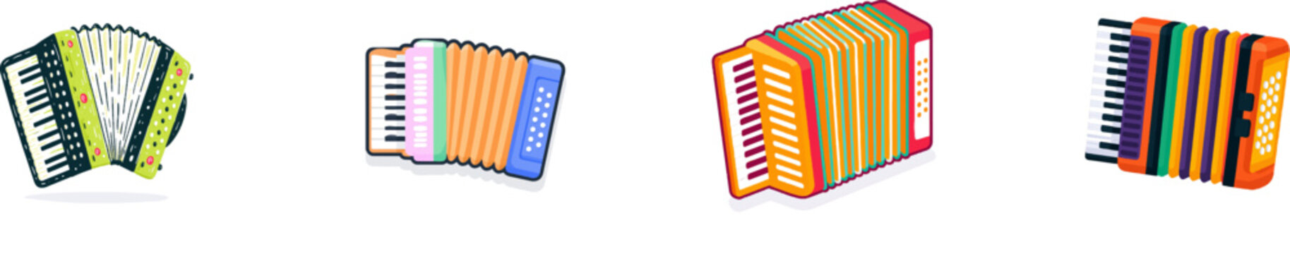 A vibrant, whimsical accordion illustration with bold outlines and colorful bellows stands out against a solid white background