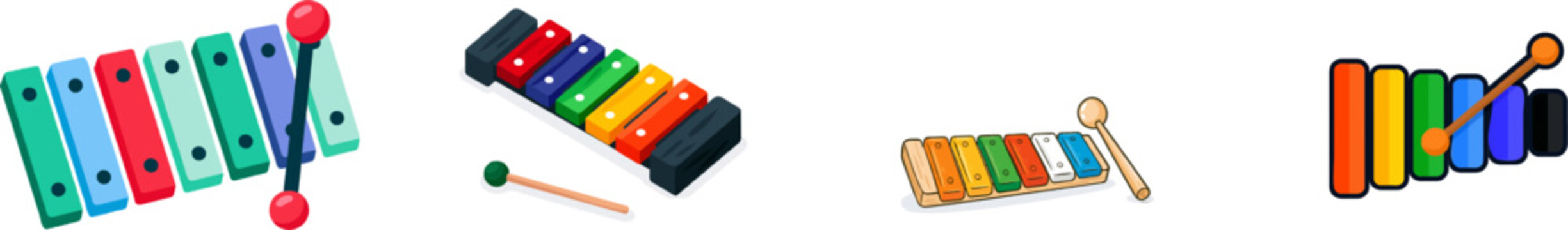 A vibrant xylophone illustration in bold colors features six wooden bars with black dots, each accompanied by a red mallet, set against a solid white background for high contrast