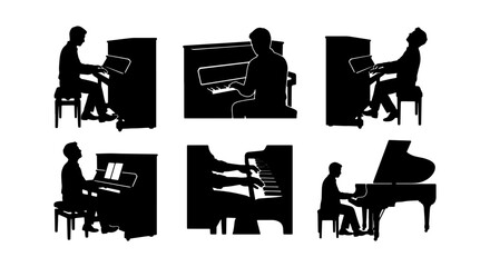 Piano Player Silhouettes, Musical Performance, Classical Instrument, Vector Set © Rubina