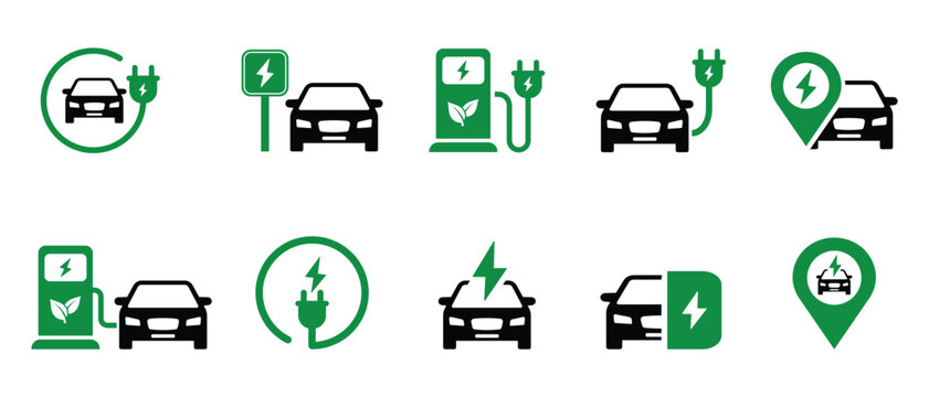 Electric vehicle charging icon set with EV station, plug, socket, hybrid and green electric cars isolated on transparent background. Vector illustration and transparent PNG.