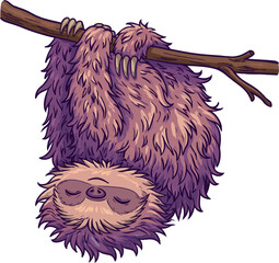 Fototapeta premium A charming, whimsical illustration of a cute brown sloth with purple fur and closed eyes, hanging upside down from a tree branch against a solid white background