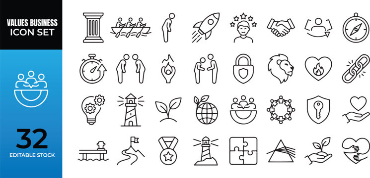 Set of thirty two outline icons representing corporate values and business ethics with business corporate leadership integrity innovation teamwork sustainability lighthouse