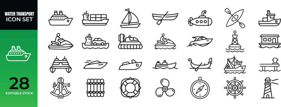 Set of 28 marine and nautical theme thin line icons featuring ships boats and sea navigation symbols nautical maritime navigation transportation watercraft lifeguard submarine