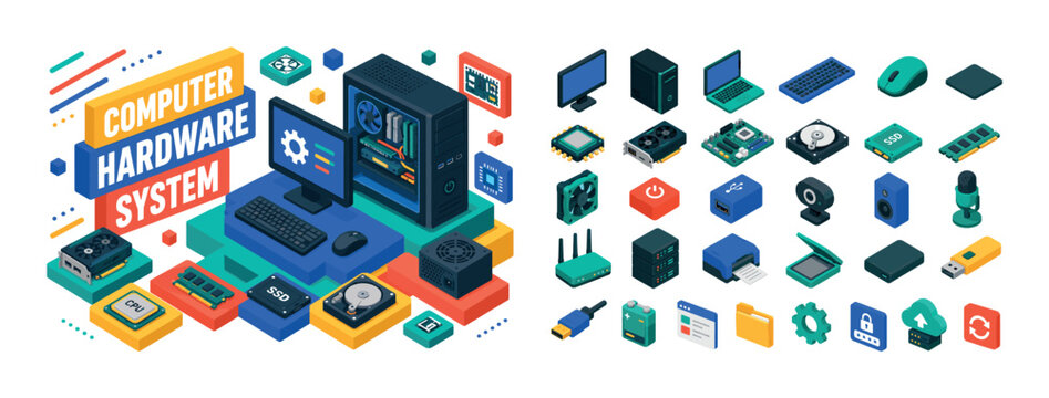 Computer Hardware System , oversized desktop computer tower with monitor and bold geometric depth, stacked platform blocks, floating component tiles and diagonal surface accents, asymmetric editorial