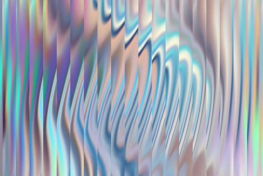 Abstract holographic, iridescent soft pastel background with vertical stripes, ribbed glass texture. Perfect for modern design, web interfaces, or minimalist creative projects.