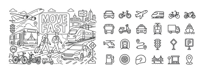 Fototapeta premium Transport Vehicle Network. Banner line art composition featuring a transportation network scene spread across the full canvas, two commuters moving between an oversized bus and large train, oversized