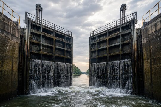 Water flows through an open lock gate structure with two large gates positioned symmetrically, revealing a river landscape and cloudy sky in the background, showcasing hydraulic engineering