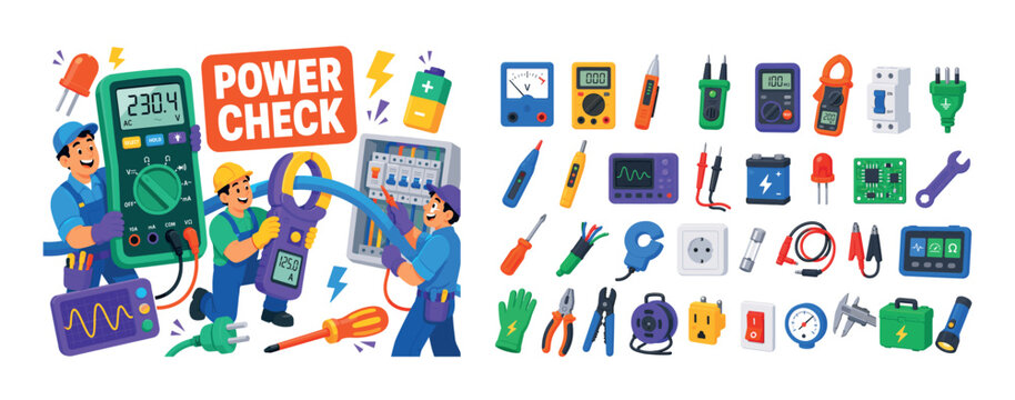 Electrical Testing Tools banner scene with three expressive electricians spread edge to edge, one character holds an oversized digital multimeter reaching the top and bottom edges while another clamps