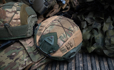 Set of Ukrainian military tactical gear and protection equipment, frontline readiness © kyrylovasyliev