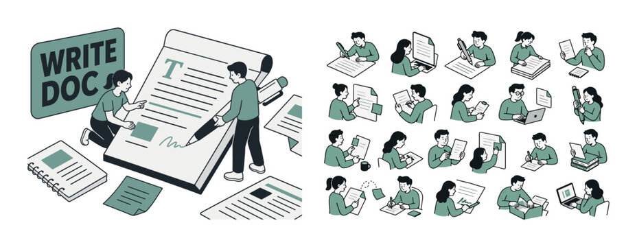 Modern Flat Series Document Writing banner with two office workers interacting with oversized document sheet and pen, papers and notes filling edges, bold uppercase text WRITE DOC inside rounded