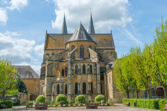 Exterior view of the abbatial church of Notre-Dame de Mouzon in the Ardennes region of France. It church is the ancient church of the monastery of Mouzon.