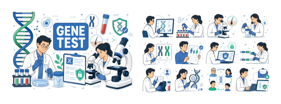 Genome Protection Research. Genome protection and DNA research banner with one main scene of two scientists analyzing hereditary samples in a laboratory, oversized DNA helix and microscope reaching